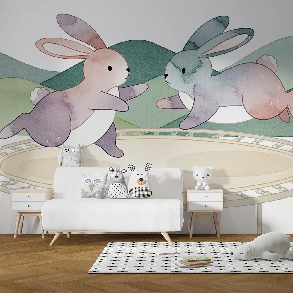 Lastenhuoneen tapetti | Pelaavat puput trampoliinilla