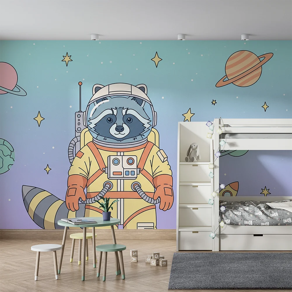 Lastenhuoneen tapetti | Pesukarhu astronautti värikkäässä universumissa