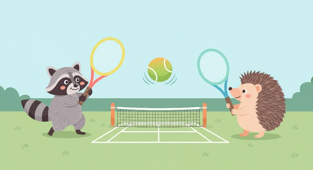 Lastenhuoneen tapetti | Pesukarhu ja siili pelaamassa tennistä leikkisässä maisemassa