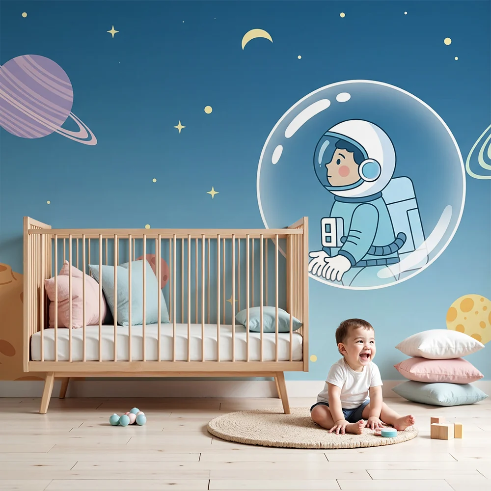 Lastenhuoneen tapetti | Pieni astronautti tutkii avaruutta värikkäiden planeettojen kanssa