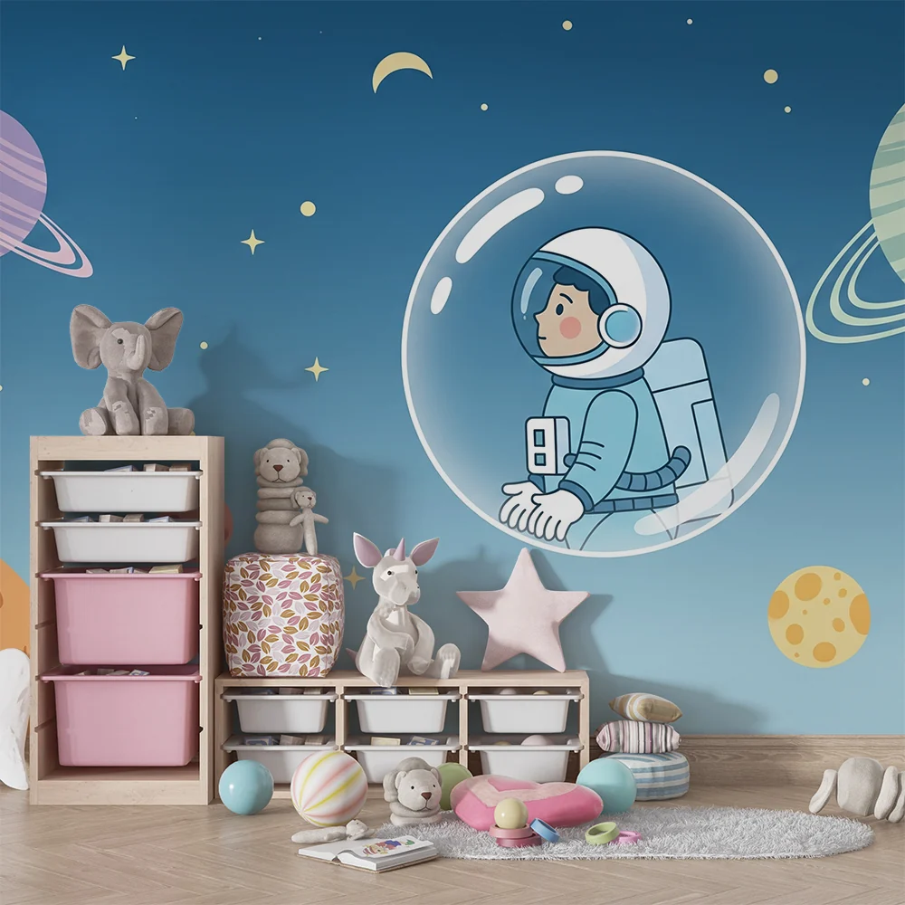 Lastenhuoneen tapetti | Pieni astronautti tutkii avaruutta värikkäiden planeettojen kanssa