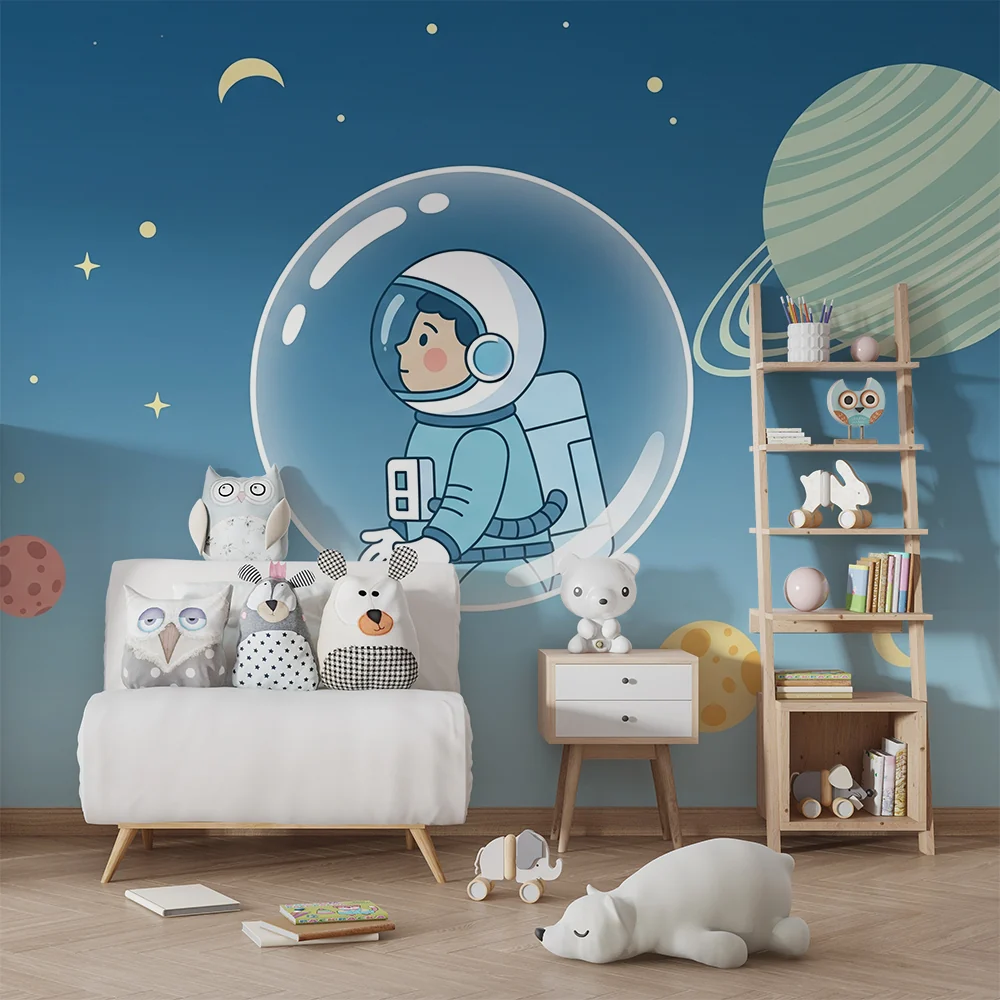 Lastenhuoneen tapetti | Pieni astronautti tutkii avaruutta värikkäiden planeettojen kanssa