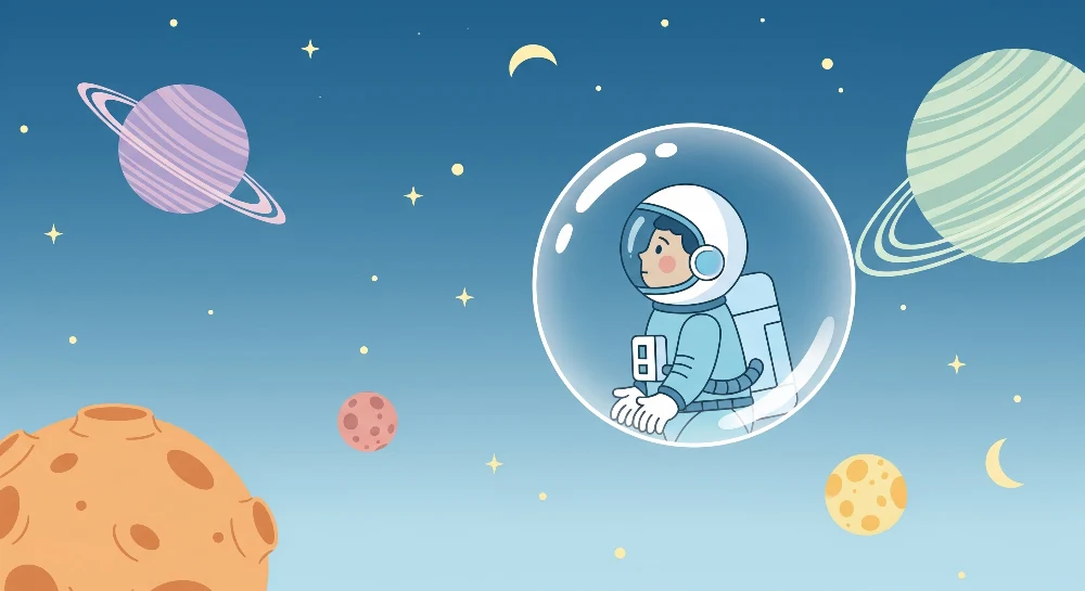 Lastenhuoneen tapetti | Pieni astronautti tutkii avaruutta värikkäiden planeettojen kanssa