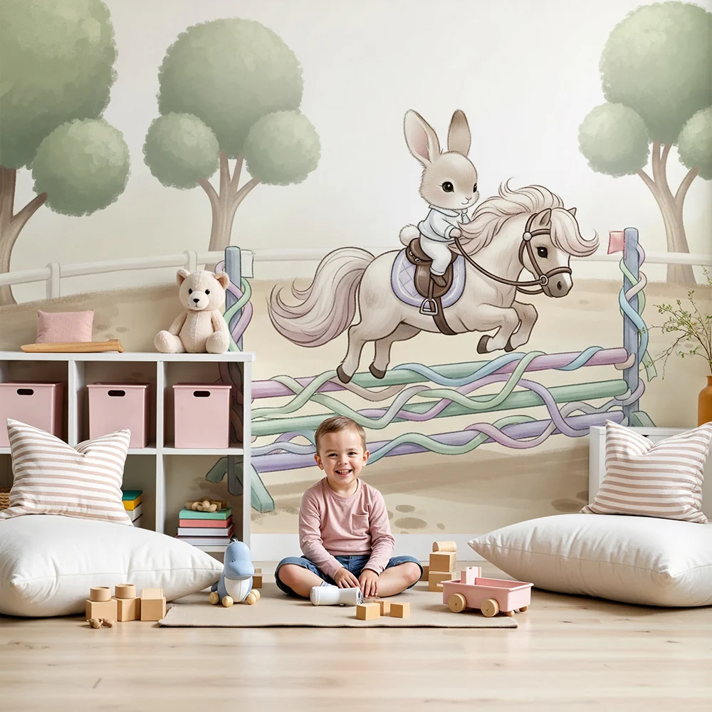 Lastenhuoneen tapetti | Pieni kani ratsastaja ja poni