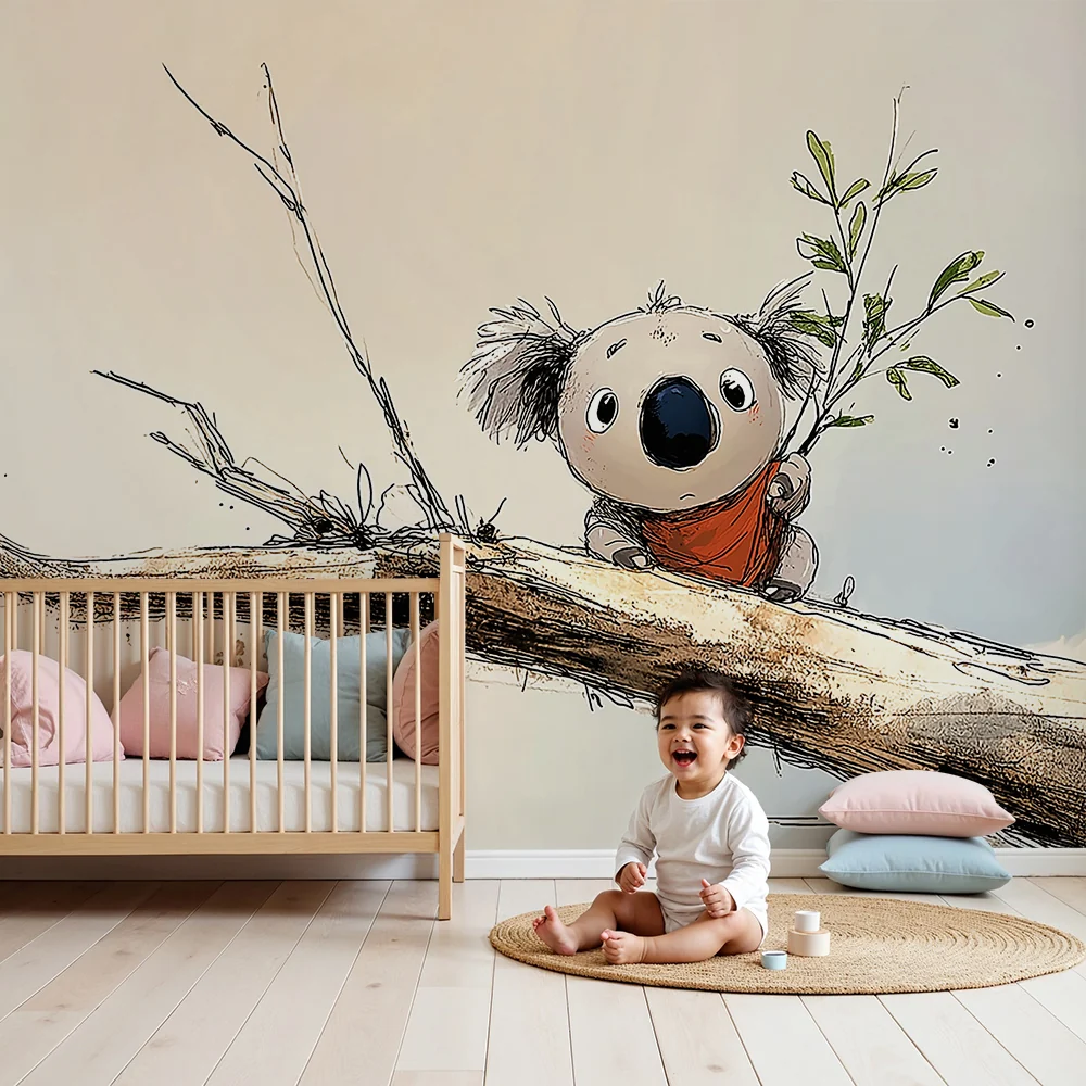 Lastenhuoneen tapetti | Söpö pieni koala oksalla vihreiden lehtien kanssa