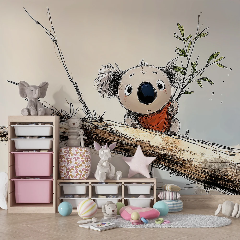 Lastenhuoneen tapetti | Söpö pieni koala oksalla vihreiden lehtien kanssa