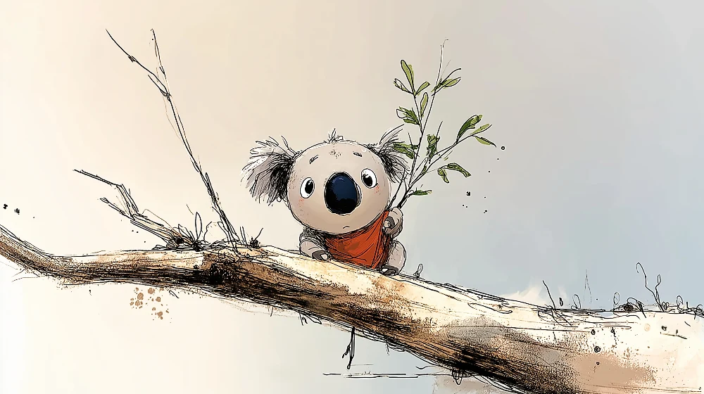 Lastenhuoneen tapetti | Söpö pieni koala oksalla vihreiden lehtien kanssa