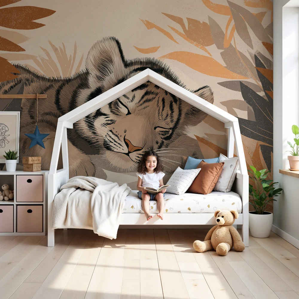 Lastenhuoneen tapetti | Pieni nukkuva tiikeri viidakossa