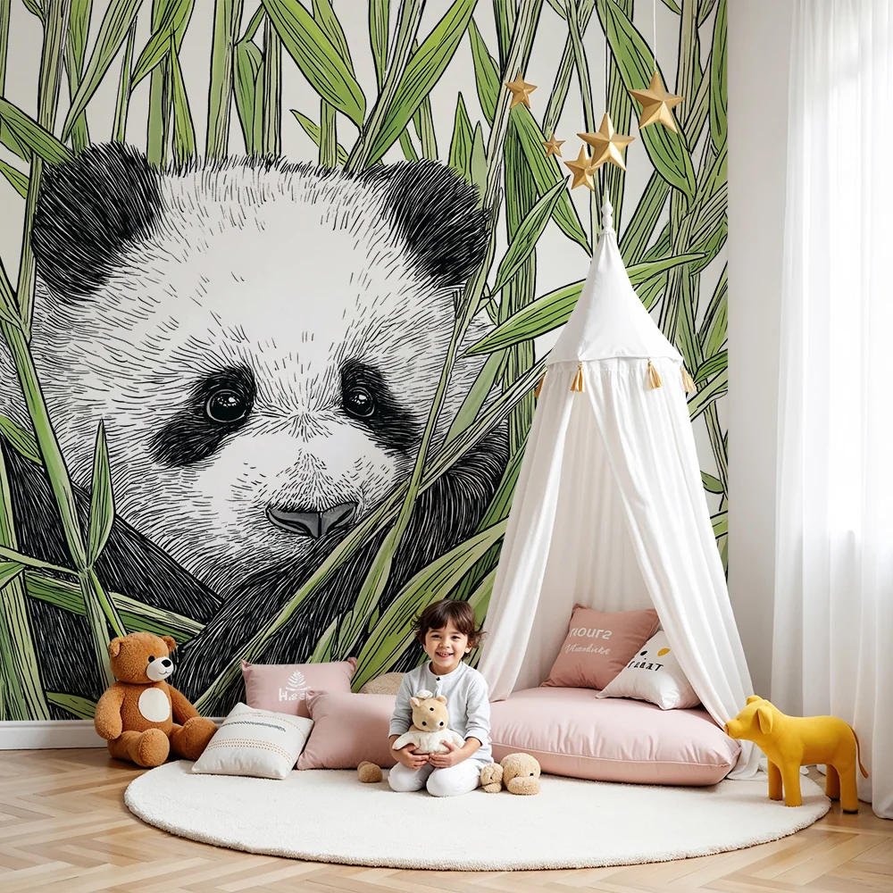 Lastenhuoneen tapetti | Pieni panda piiloutuu bambujen joukkoon