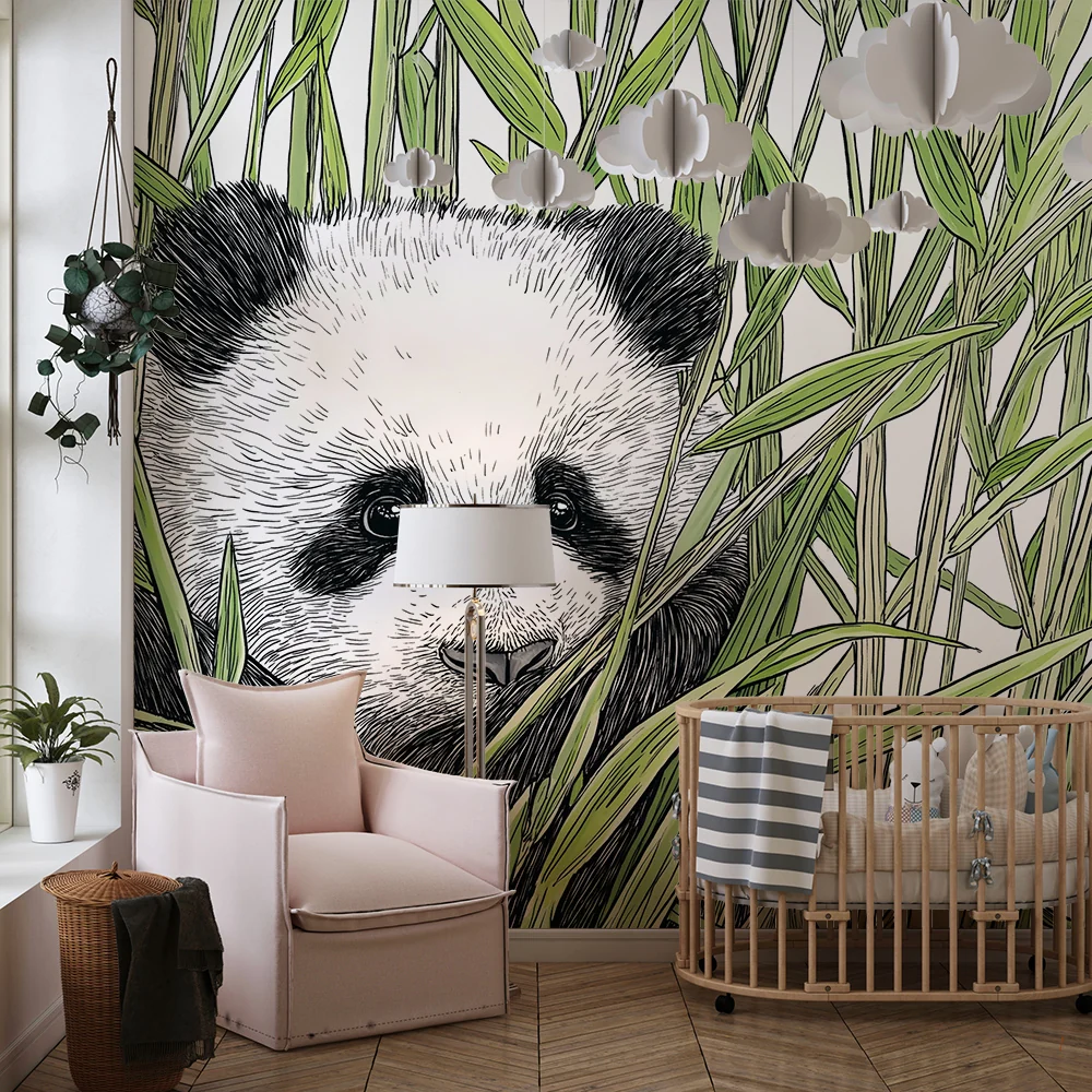 Lastenhuoneen tapetti | Pieni panda piiloutuu bambujen joukkoon