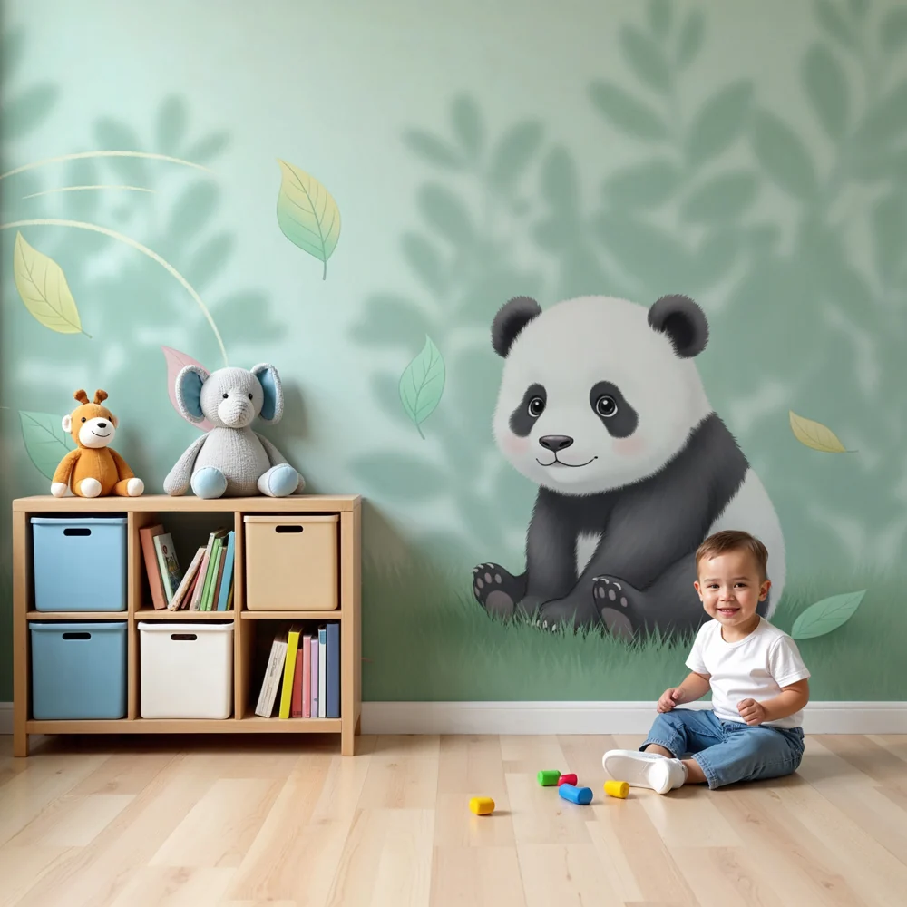 Lastenhuoneen tapetti | Pieni panda värikkäiden lehtien maailmassa
