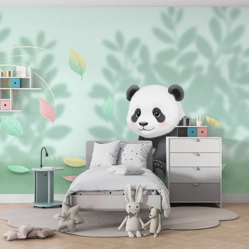 Lastenhuoneen tapetti | Pieni panda värikkäiden lehtien maailmassa