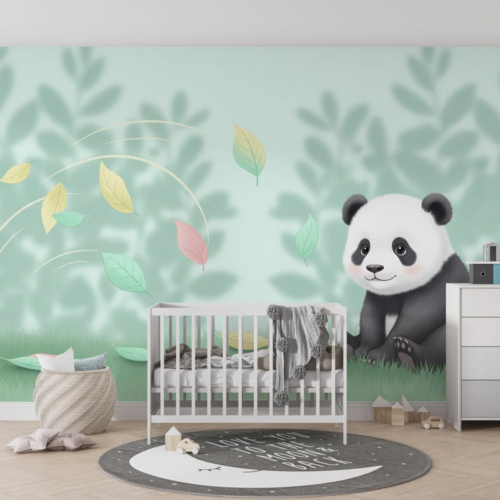 Lastenhuoneen tapetti | Pieni panda värikkäiden lehtien maailmassa