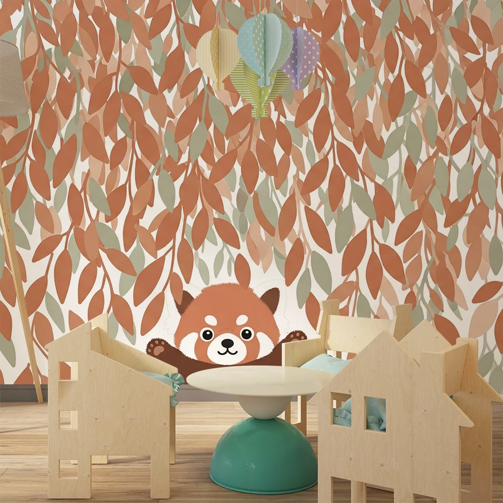 Lastenhuoneen tapetti | Pieni panda ja värikäs lehtikuvio