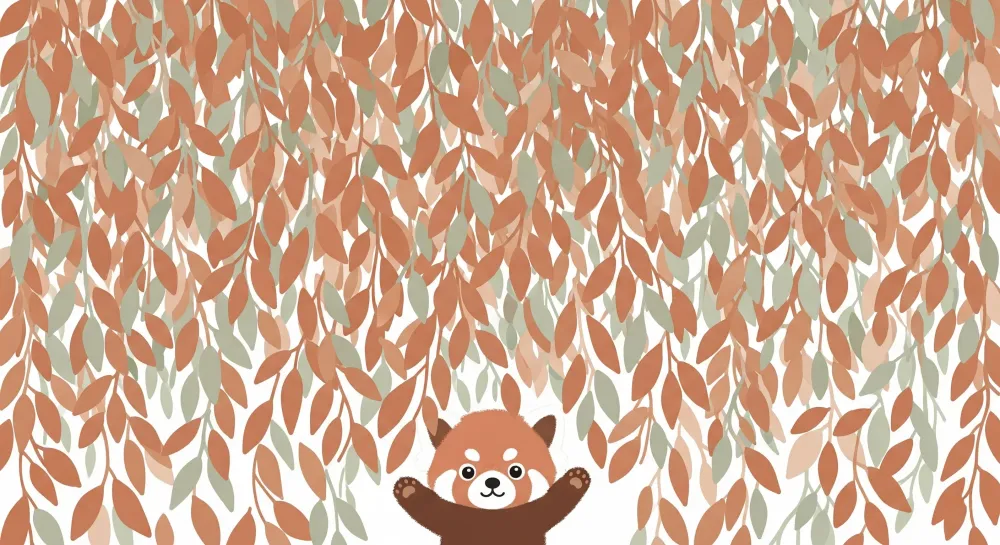 Lastenhuoneen tapetti | Pieni panda ja värikäs lehtikuvio