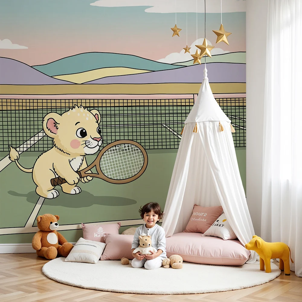 Lastenhuoneen tapetti | Pieni tennispelaava leijona