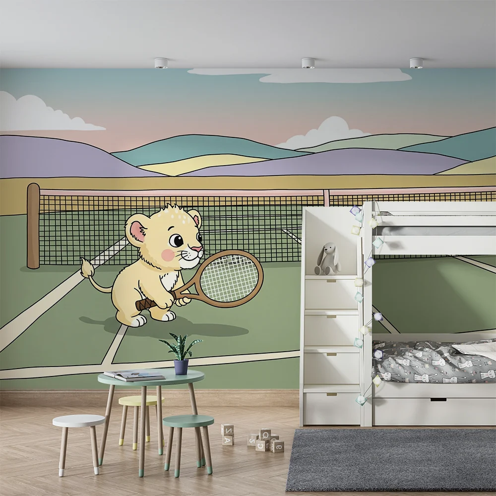Lastenhuoneen tapetti | Pieni tennispelaava leijona