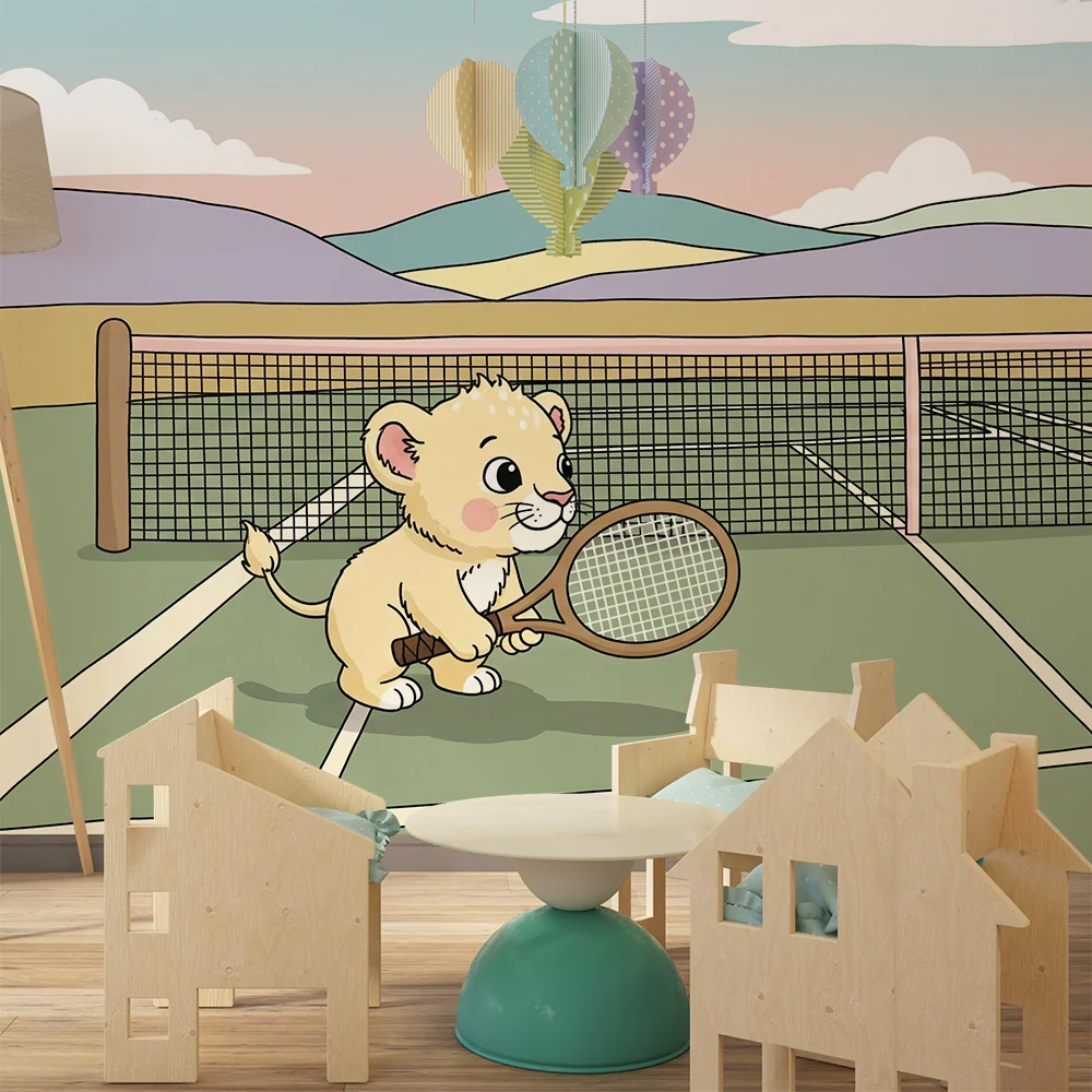 Lastenhuoneen tapetti | Pieni tennispelaava leijona