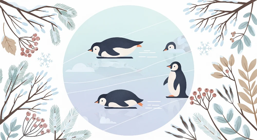 Lastenhuoneen tapetti | Pingviinit liukuvat jäällä talvisessa maisemassa