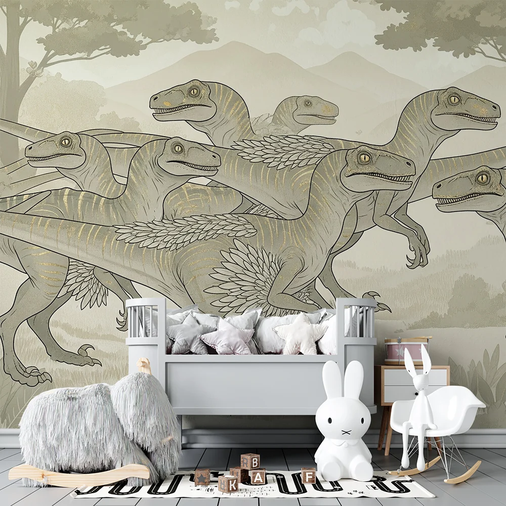 Lastenhuoneen tapetti | Raptor-dinosauruksen kuva esihistoriallisessa maisemassa