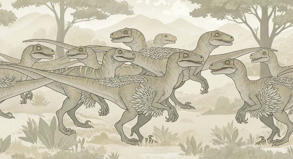 Lastenhuoneen tapetti | Raptor-dinosauruksen kuva esihistoriallisessa maisemassa