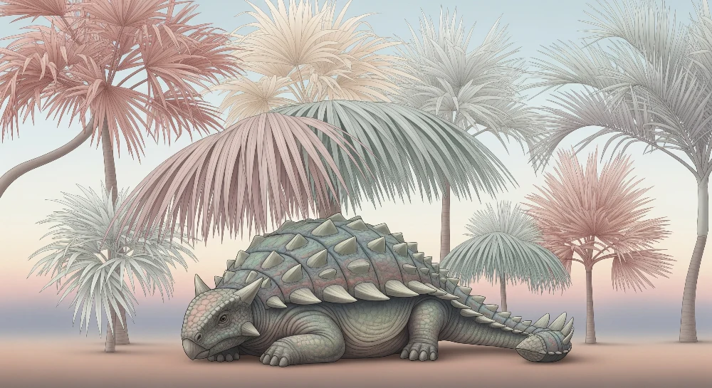 Lastenhuoneen tapetti | Rauhallinen dinosauruksen alla pastelliväristen palmujen keskellä