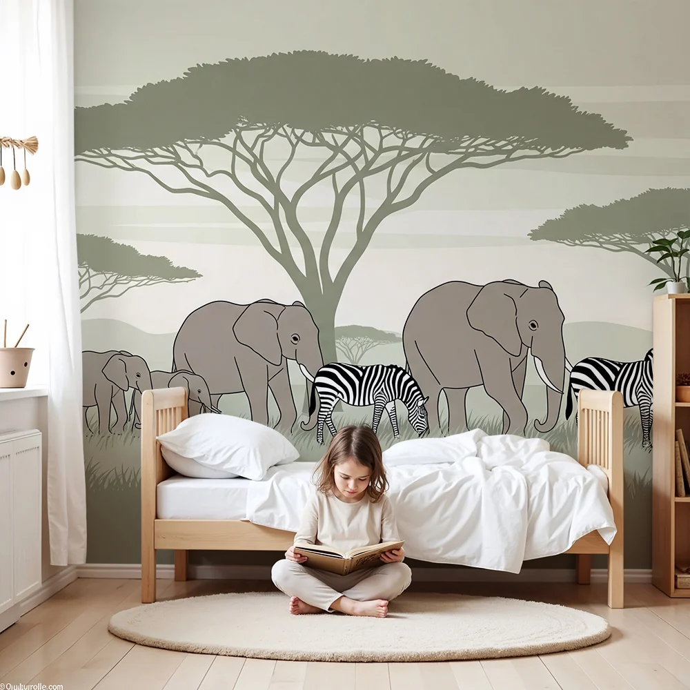 Lastenhuoneen tapetti | Safari elefanttien ja villieläinten kanssa