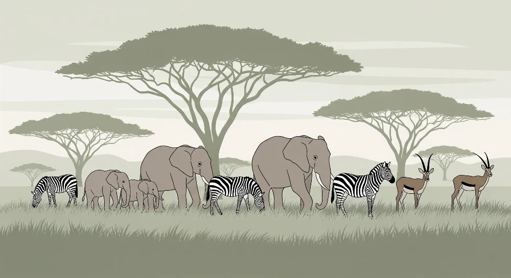 Lastenhuoneen tapetti | Safari elefanttien ja villieläinten kanssa