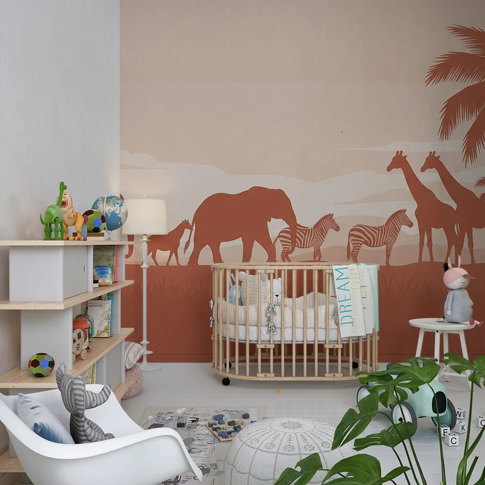 Lastenhuoneen tapetti | Safari terrakotta, jossa on majesteettisia eläimiä