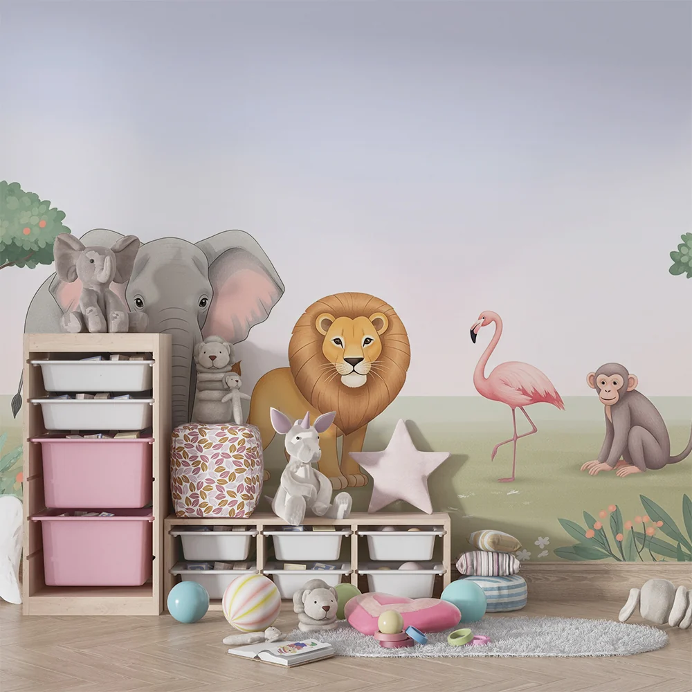 Lastenhuoneen tapetti | Savannin eläimet elefantti, leijona, flamingo ja apina