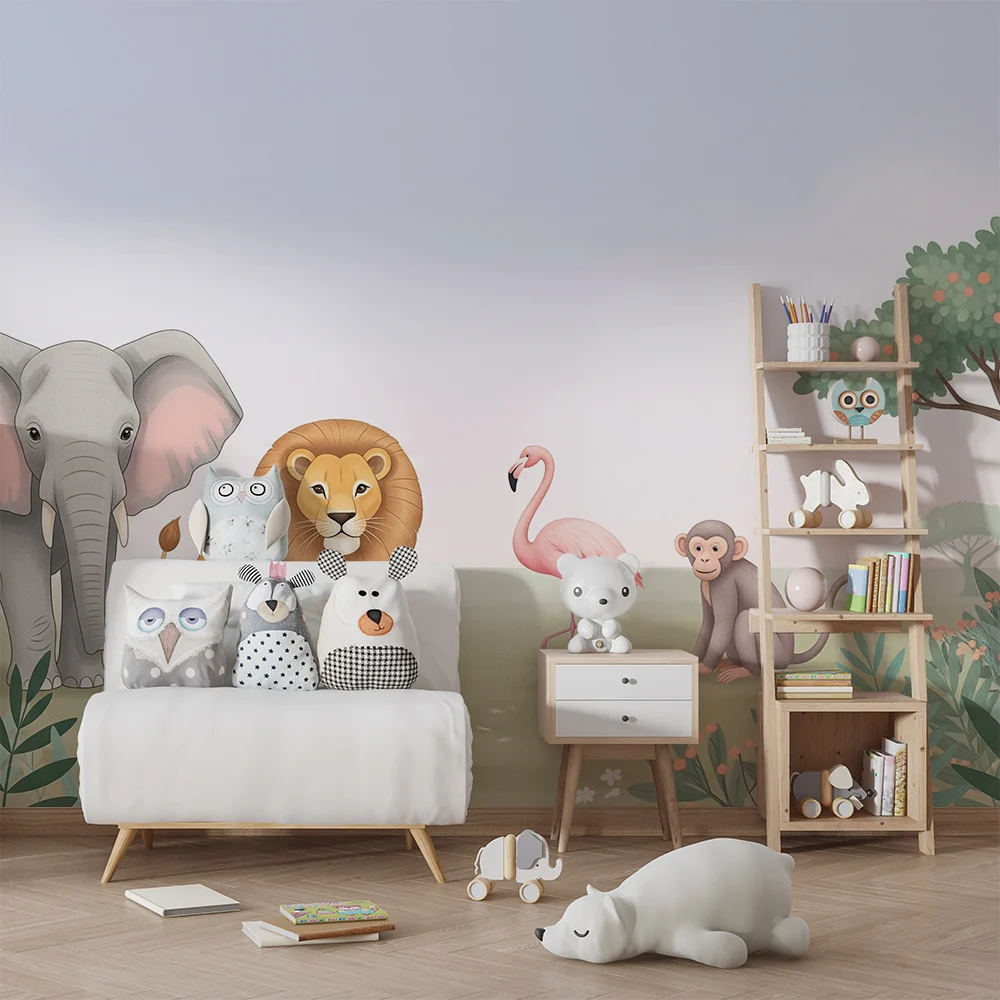 Lastenhuoneen tapetti | Savannin eläimet elefantti, leijona, flamingo ja apina