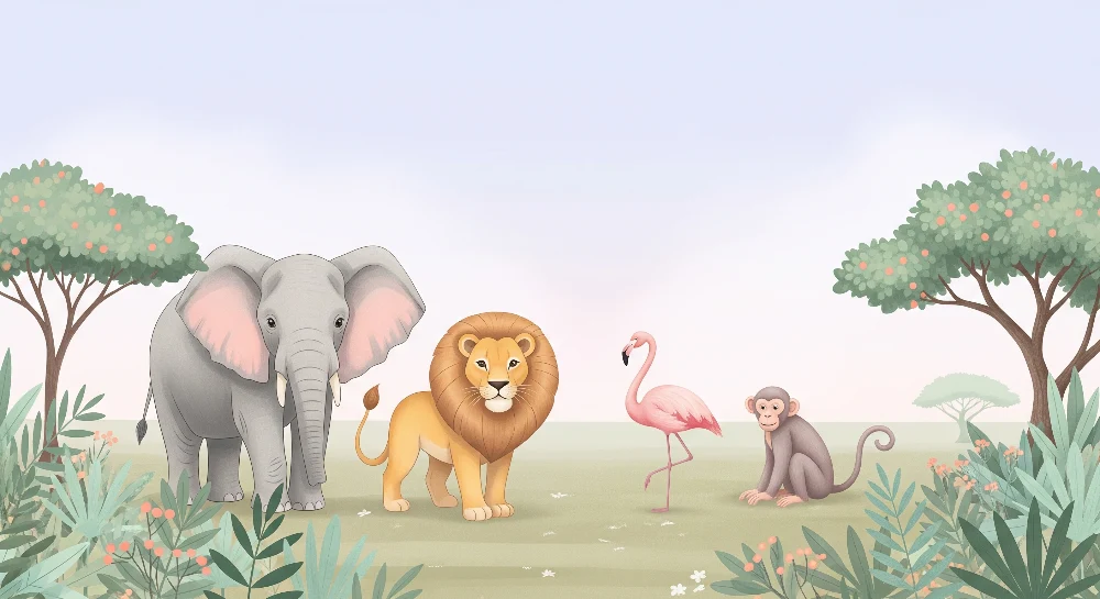 Lastenhuoneen tapetti | Savannin eläimet elefantti, leijona, flamingo ja apina