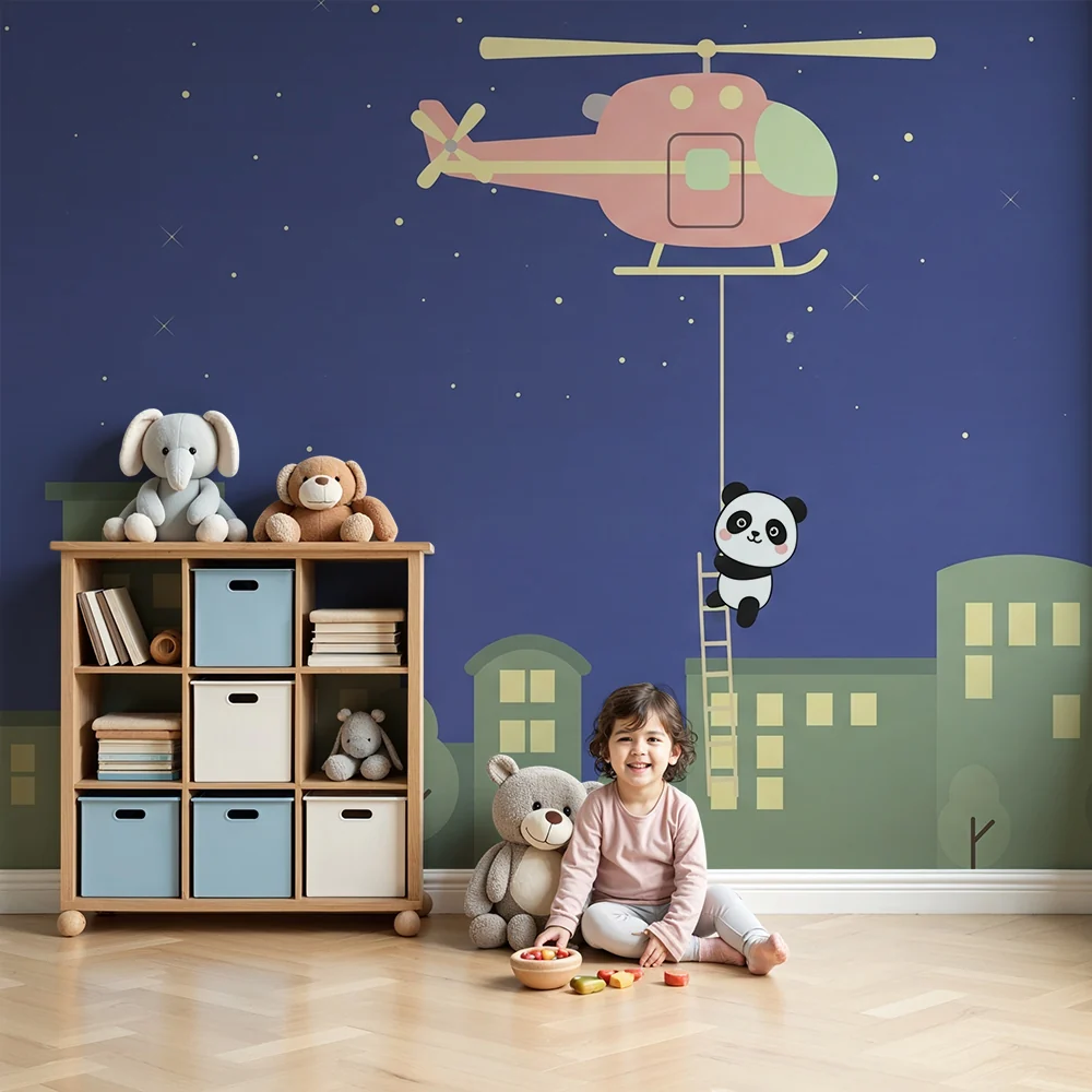 Lastenhuoneen tapetti | Seikkailija panda ja sininen yötausta helikopterilla