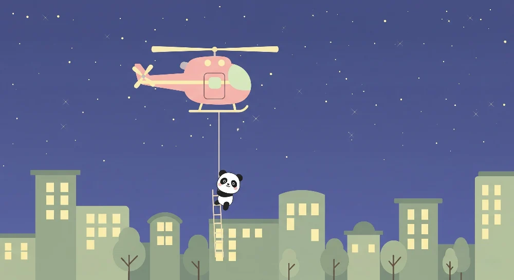 Lastenhuoneen tapetti | Seikkailija panda ja sininen yötausta helikopterilla