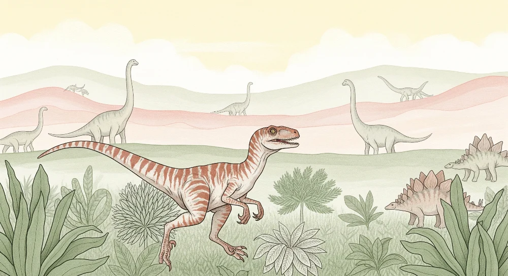 Lastenhuoneen tapetti | Seikkailu esihistoriallisella alueella värikkäiden dinosaurusten kanssa