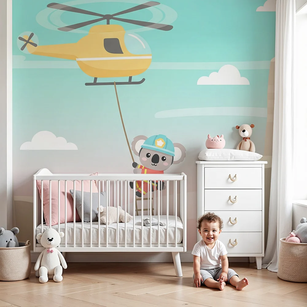 Lastenhuoneen tapetti | Seikkailu helikopterilla palomieskoalan kanssa