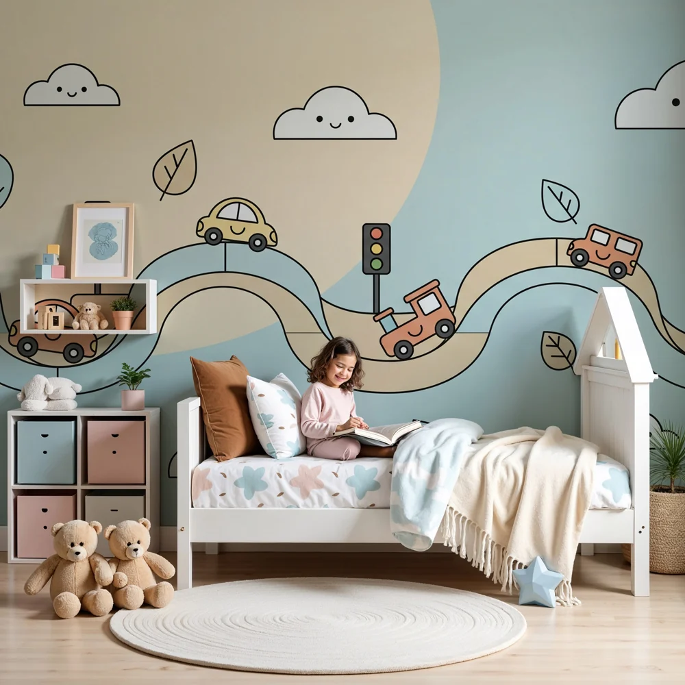 Lastenhuoneen tapetti | Seikkailut tiellä iloisten autojen kanssa