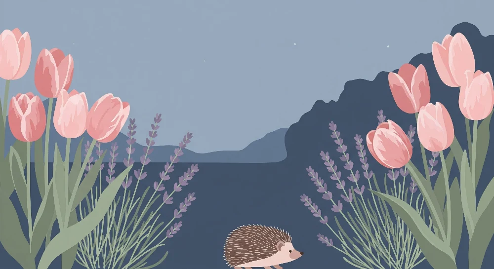 Lastenhuoneen tapetti | Söpö siili tulppaanien ja laventelin keskellä