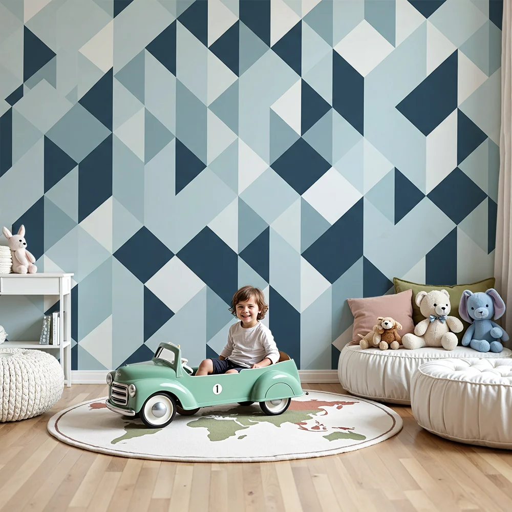 Lastenhuoneen tapetti | Siniset ja valkoiset geometriset kuviot