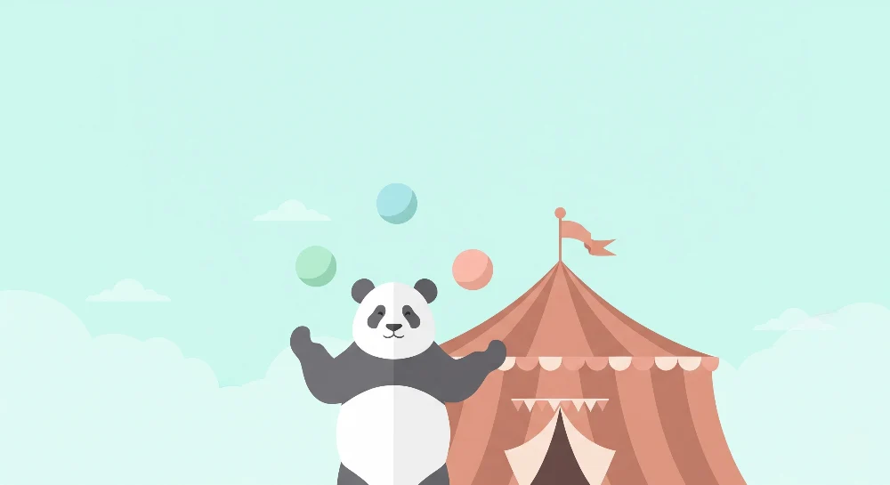 Lastenhuoneen tapetti | Sirkusteltan alla jongleeraava panda taustalla taivaansininen