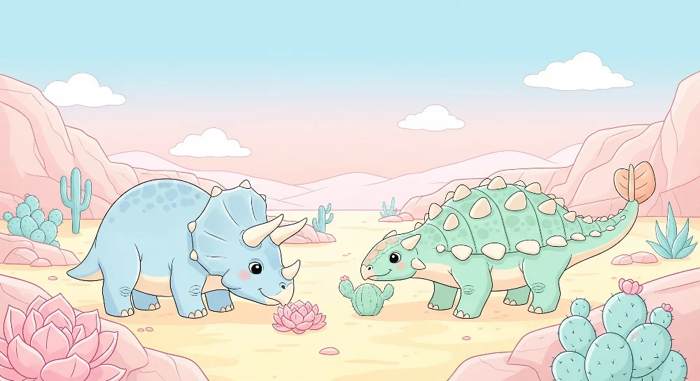 Lastenhuoneen tapetti | Söpöt dinosaurukset pastellisessa aavikkomaisemassa