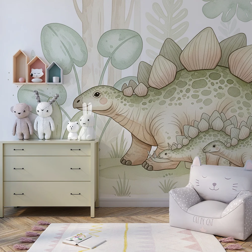 Lastenhuoneen tapetti | Söpöt dinosaurukset rauhoittavassa viidakossa