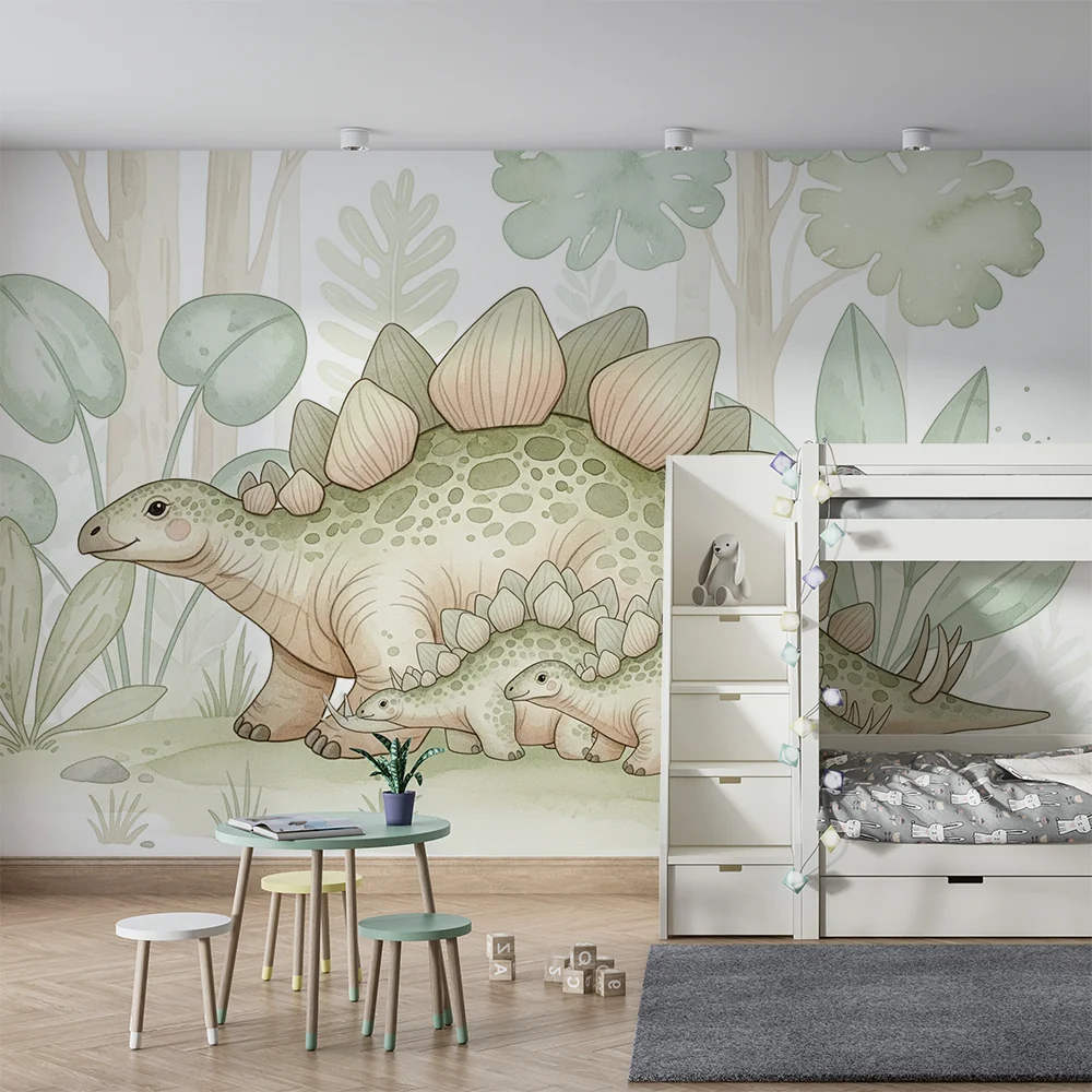 Lastenhuoneen tapetti | Söpöt dinosaurukset rauhoittavassa viidakossa