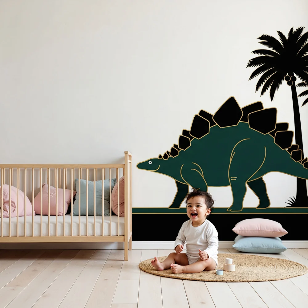 Lastenhuoneen tapetti | Stegosaurus-dinosauruksia ja tyyliteltyjä palmuja