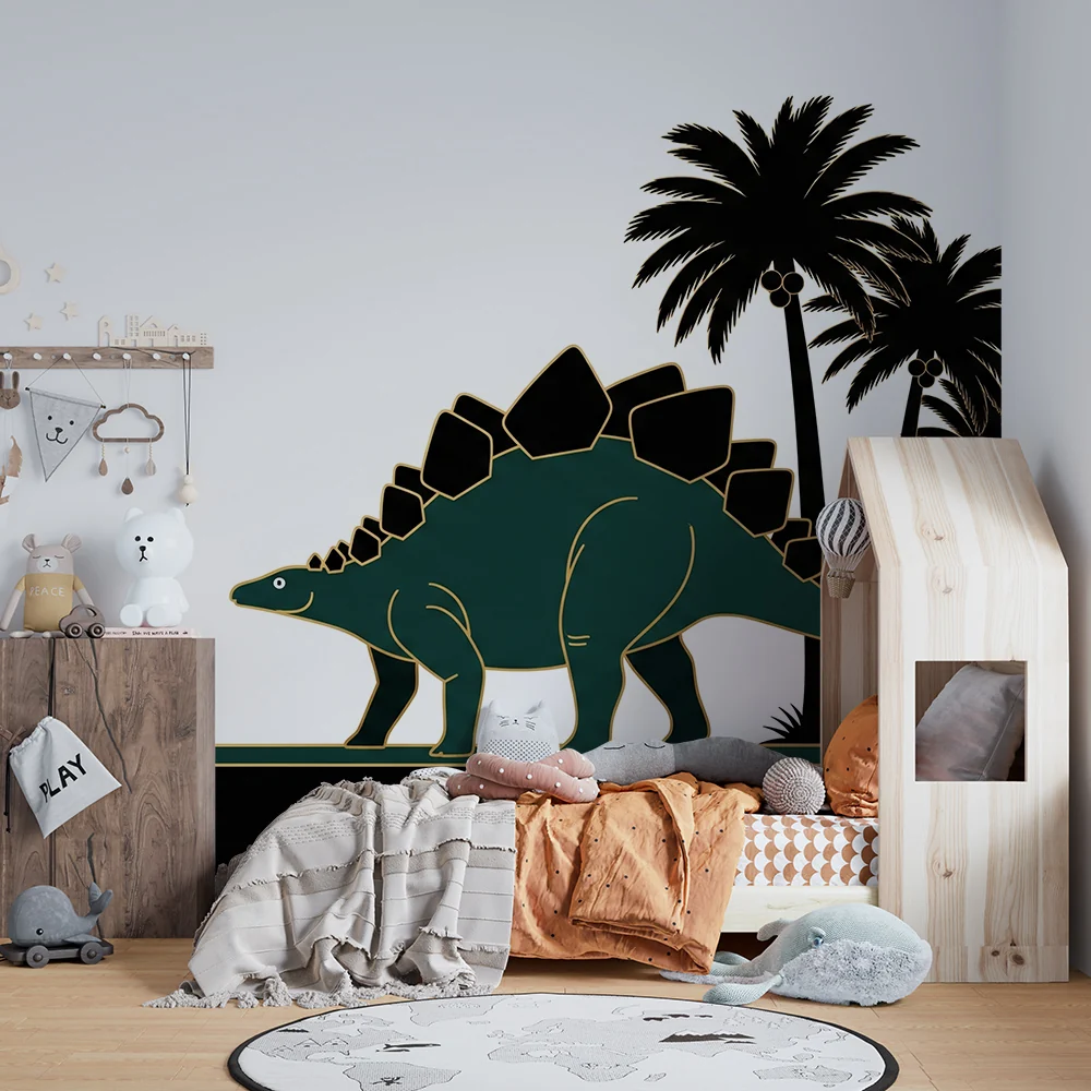 Lastenhuoneen tapetti | Stegosaurus-dinosauruksia ja tyyliteltyjä palmuja