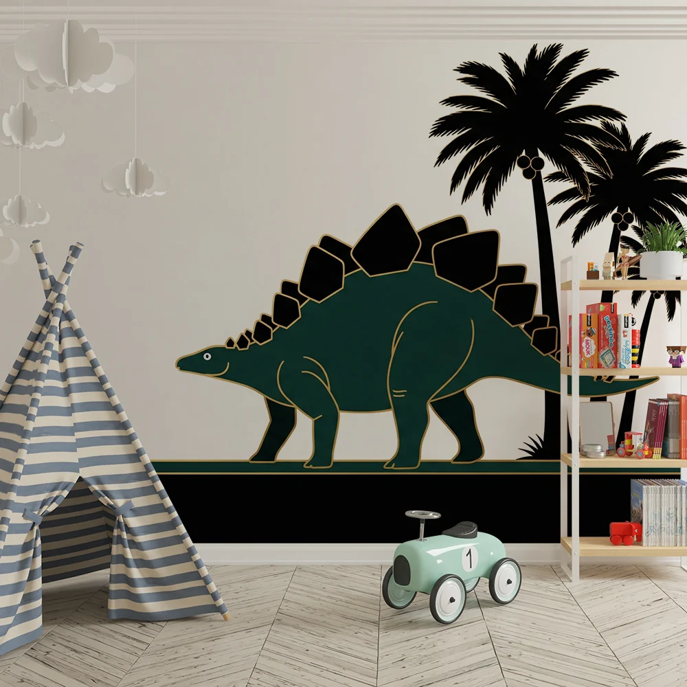 Lastenhuoneen tapetti | Stegosaurus-dinosauruksia ja tyyliteltyjä palmuja