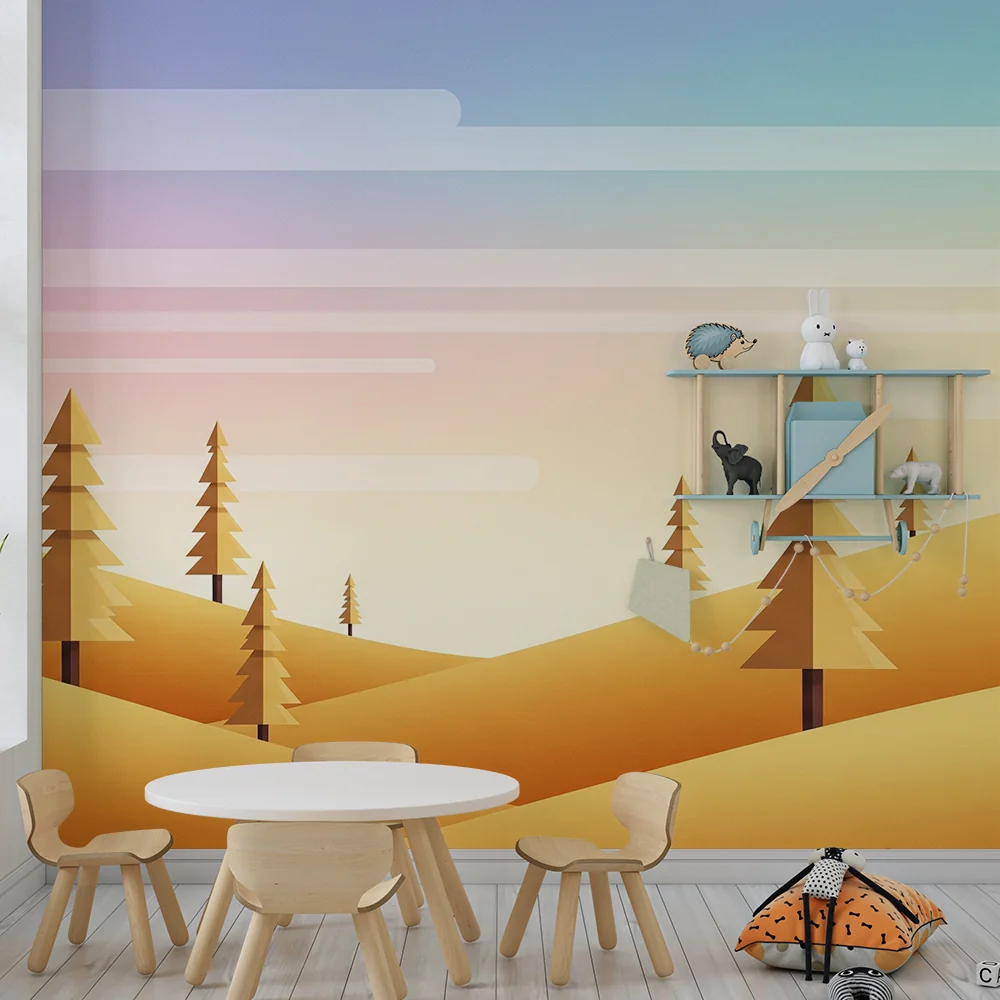 Lastenhuoneen tapetti | Stylisoitu metsä kultaisilla puilla ja pastellinvärinen taivas