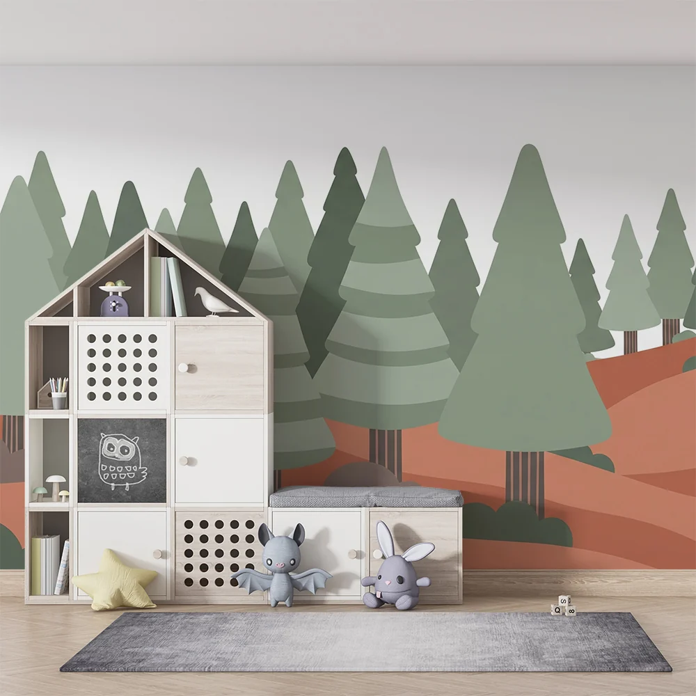 Lastenhuoneen tapetti | Stylisoitu metsä vihreillä puilla ja okrankeltaisilla kukkuloilla