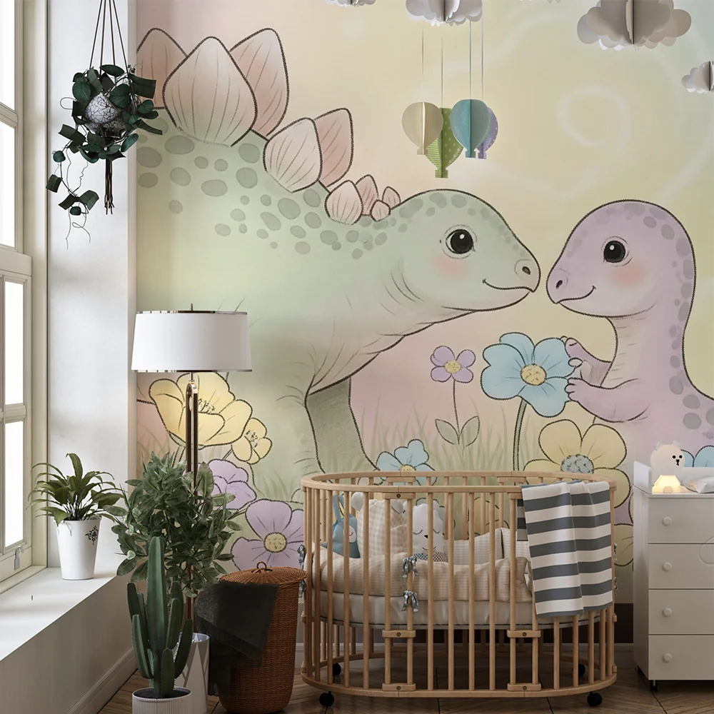 Lastenhuoneen tapetti | Suloiset dinosaurukset keskellä värikkäitä kukkia