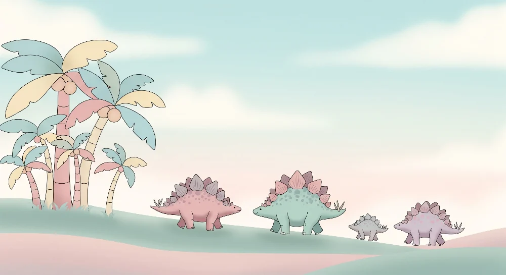 Lastenhuoneen tapetti | Suloiset dinosaurukset värikkäiden palmujen alla